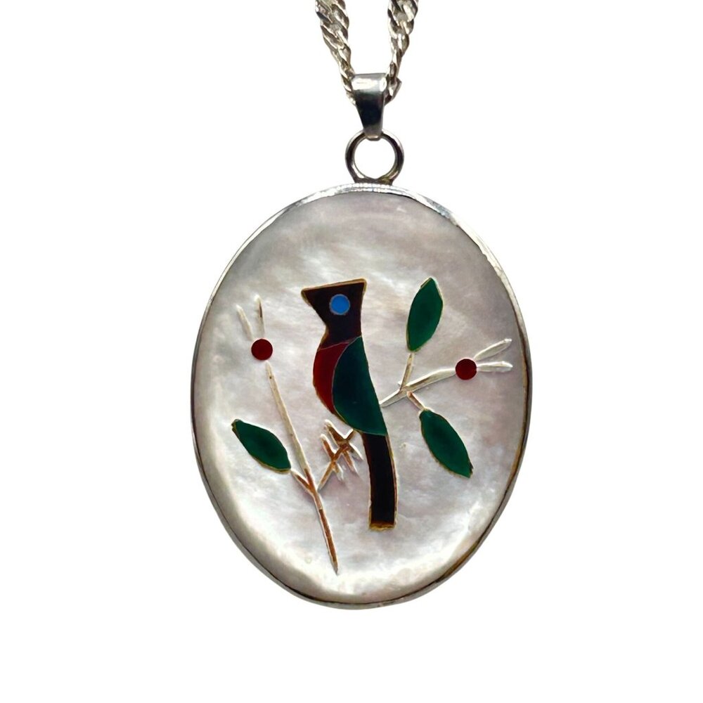 Vintage Bird Pendant Necklace Mother Of Pearl Inlay Colorful Stones Silver Tone